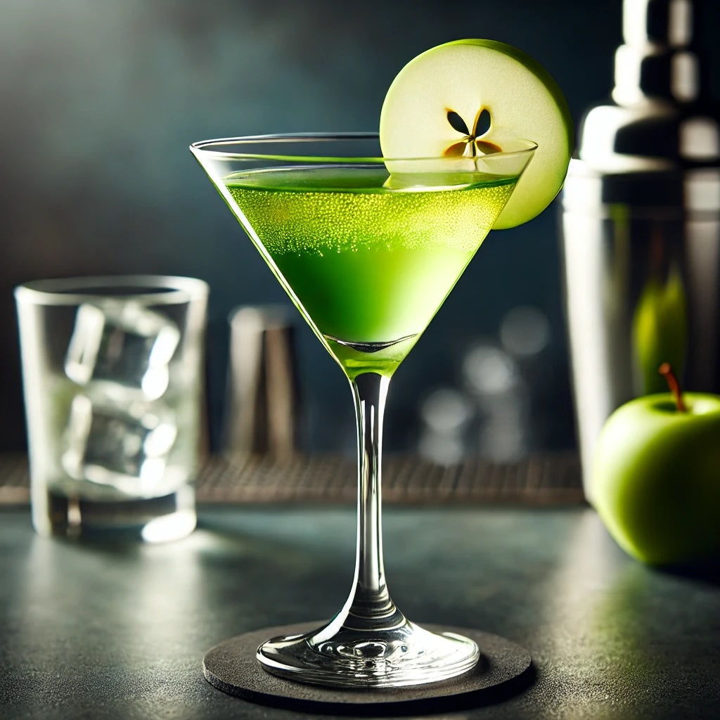 Leuchtend grüner Apple Martini im Martini-Glas, garniert mit Apfelscheibe, vor moderner Bar mit Cocktailshaker.