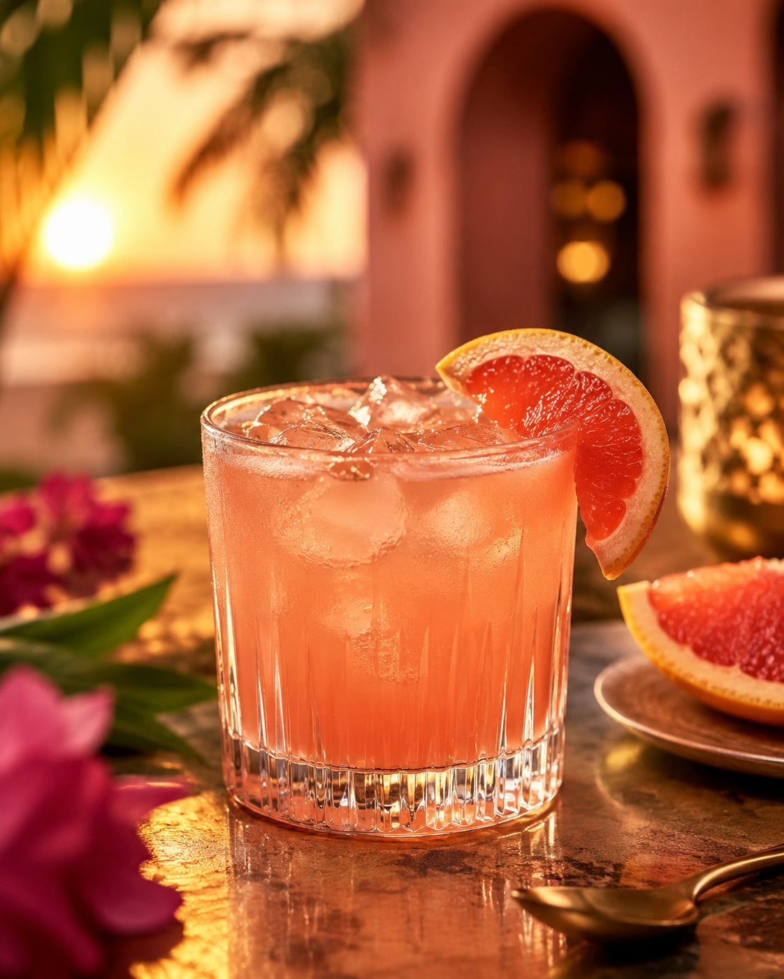 Buena Vida Cocktail mit Grapefruit und Eis im Tumbler vor warmer Abendkulisse