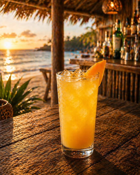 Carnebal Batida Cocktail im Collins-Glas mit Mango-Garnitur auf Holztisch in ruhiger Strandbar bei Sonnenuntergang