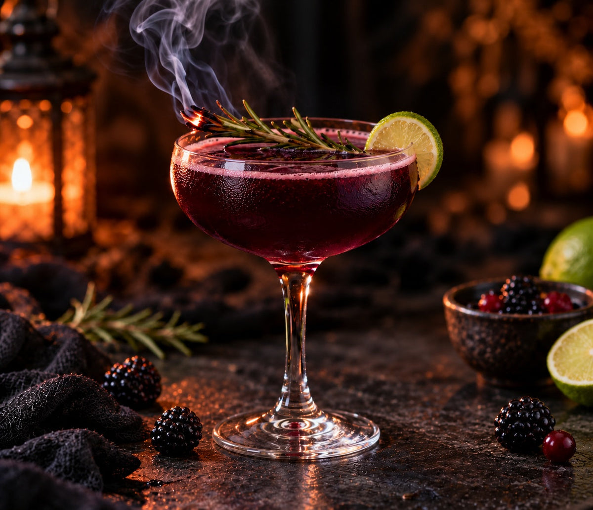 Hexentrunk Cocktail in dunklem Purpur mit rauchendem Rosmarinzweig und Limettenscheibe in einer Coupette bei Kerzenlicht.