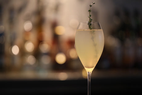 L’Ulthymo-Cocktail in einem eleganten Glas, hellgelbe Farbe, garniert mit einem Thymianzweig, unscharfer Barhintergrund.