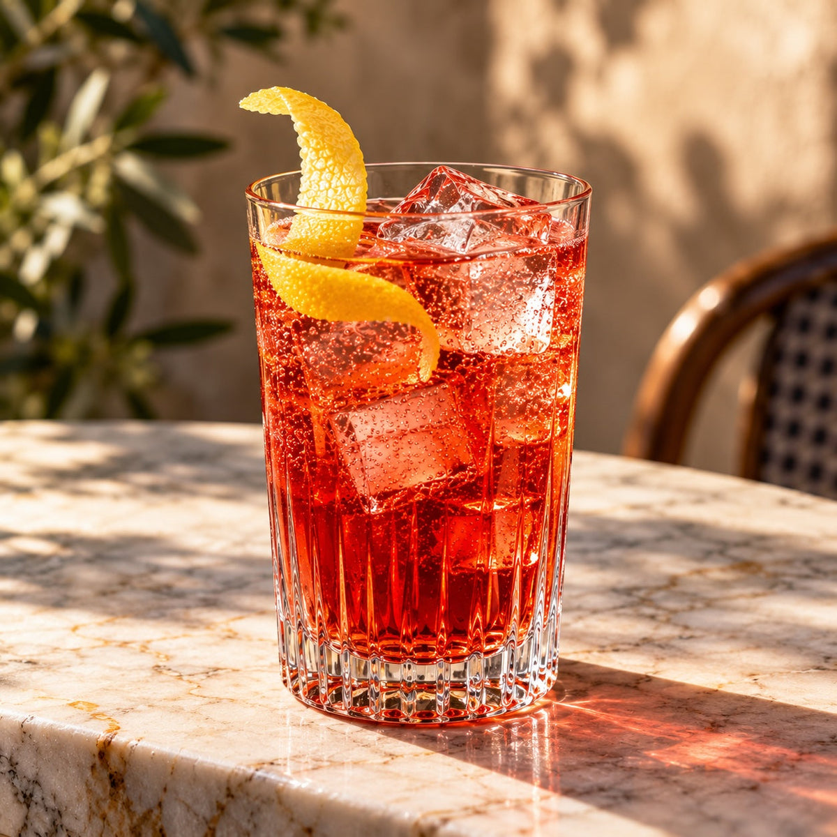 L’Ora Rossa Cocktail im Kristallglas mit Eiswürfeln und Zitronenzeste auf einem Marmortisch im warmen Sonnenlicht.