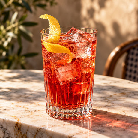 L’Ora Rossa Cocktail im Kristallglas mit Eiswürfeln und Zitronenzeste auf einem Marmortisch im warmen Sonnenlicht.