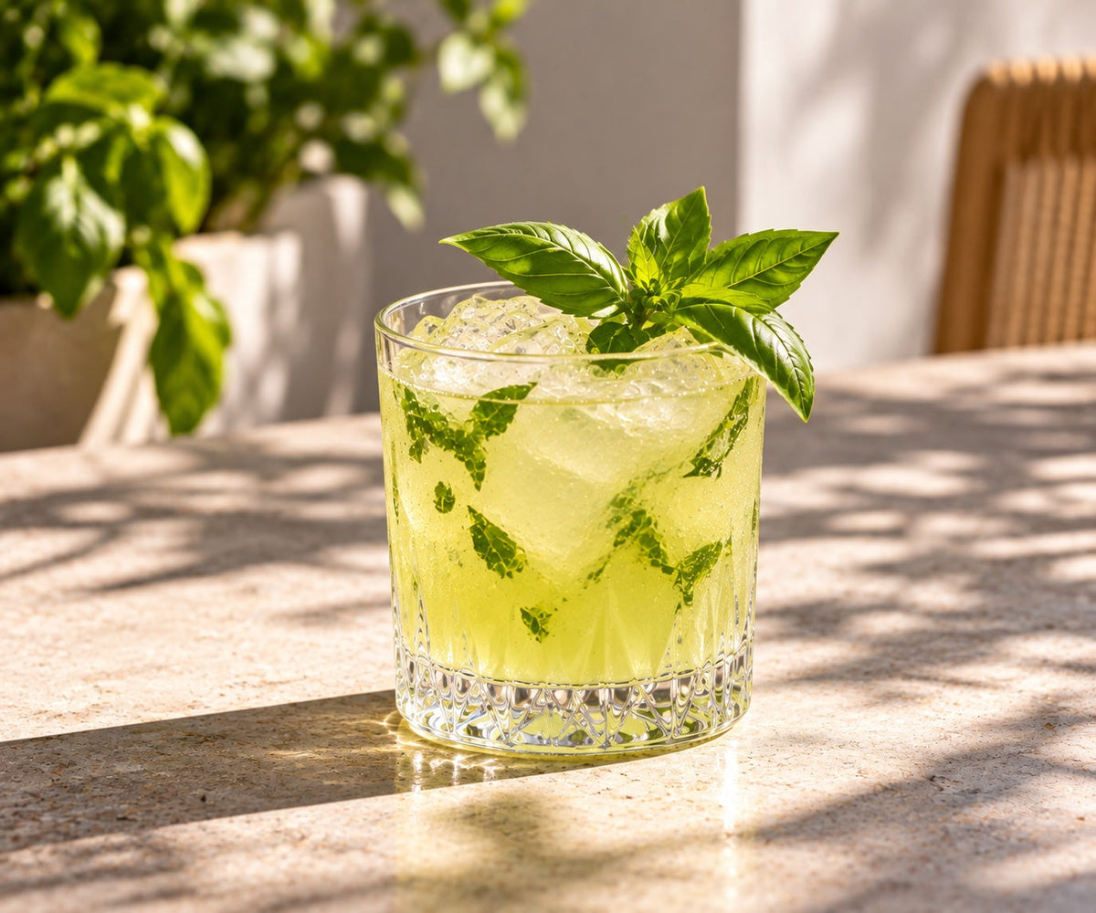 Alkoholfreier Lemon Basil Smash mit Eiswürfeln und Basilikum im Tumbler auf einem sonnigen Steintisch mit Pflanzen im Hintergrund.