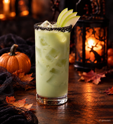 Poison Apple Halloween Cocktail mit schwarzem Zuckerrand und grünen Apfelscheiben im Highballglas.