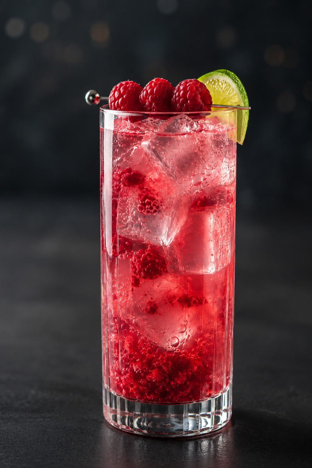 Raspberry Collins Cocktail im Collins-Glas mit Eis, Himbeeren und Limettenscheibe vor dunklem Hintergrund