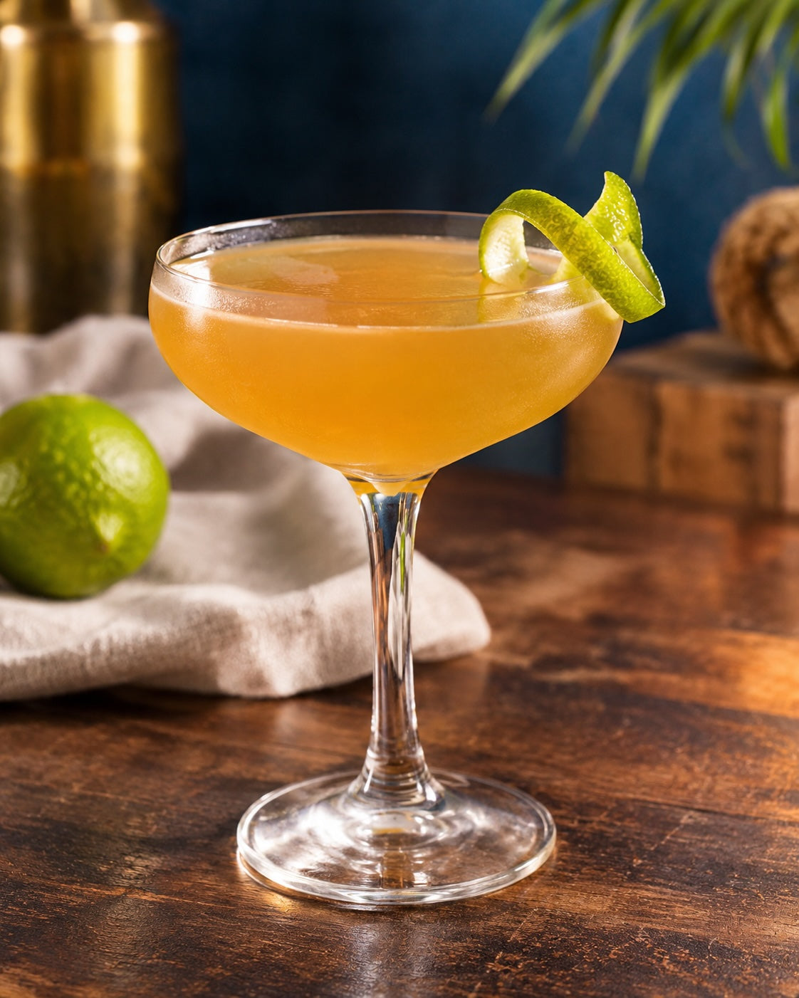 Royal Bermuda Yacht Club Cocktail in bernsteinfarbener Coupette mit Limettenzeste auf einem Holztisch.