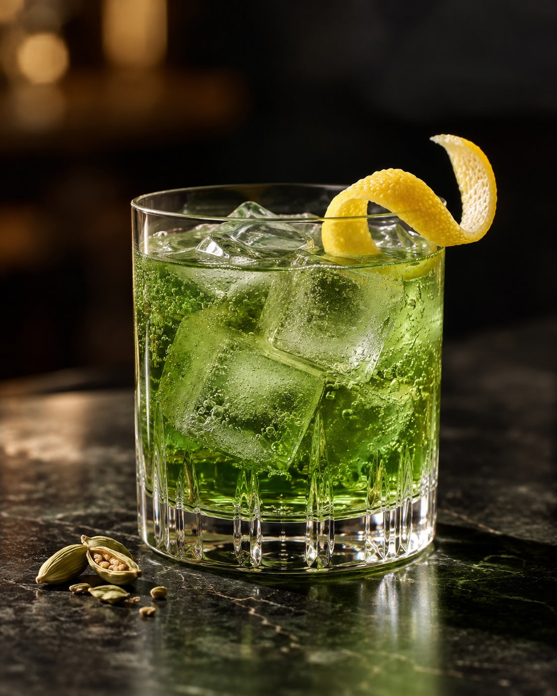 Irlandese Cocktail mit grüner Farbe, Eiswürfeln und Zitronenzeste im Tumbler, daneben Kardamomschoten.