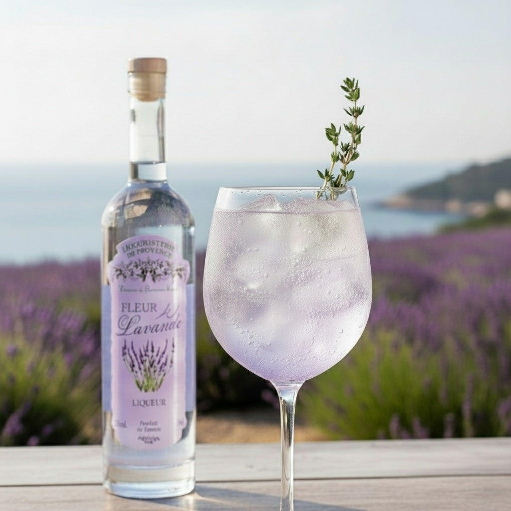 Spritz Lavande Cocktail im Spritzglas mit Lavendelzweig neben Fleur de Lavande Likör, Lavendelfeld und Meer im Hintergrund.