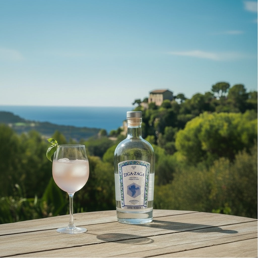 Tagada Rosé Cocktail im Weinglas mit Basilikum neben Ziga-Zaga Trauben-Vodka Flasche, Landschaft und Meer im Hintergrund.