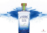 Zentrale Ansicht der 1836 Belgian Organic Gin Flasche vor blauem Farbeffekt und hellem Hintergrund.