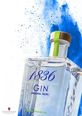 Nahaufnahme der 1836 Belgian Organic Gin Flasche mit Holzverschluss vor blauem Farbeffekt.
