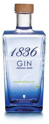 Flasche 1836 Gin Original Recipe. Blauer Farbverlauf, Holzkorken, Bio-Siegel. Beschriftung: Radermacher Distillery Since 1836.