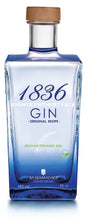 Flasche 1836 Gin Original Recipe. Blauer Farbverlauf, Holzkorken, Bio-Siegel. Beschriftung: Radermacher Distillery Since 1836.