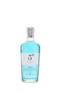 5th Gin Water blauer Gin Flasche mit hellblauer Farbe und weißem Etikett auf weißem Hintergrund.
