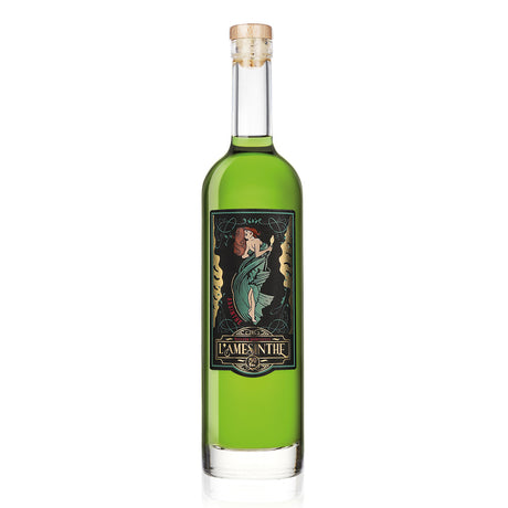 Grüne Flasche L'Amesinthe Absinthe von Liquoristerie de Provence mit kunstvollem Etikett und Holzkorken, 70 cl