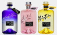 Akori Gin 3er Set mit Dry Gin, Cherry Blossom und Yuzu in violett-blauer, rosa und gelber Flasche.