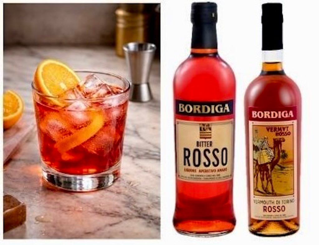 Americano Cocktail-Set mit Bitter Rosso Bordiga, Vermouth Rosso Bordiga und Americano Cocktail im Glas mit Orangenscheibe.