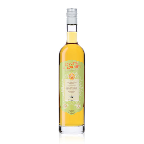 Flasche Le Pastis du Liquoriste mit gelbem Likör und einem Etikett in sanftem Grün und Orange, 70 cl.