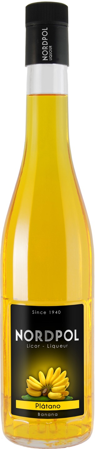 Flasche Nordpol Bananenlikör, 700 ml, mit gelber Flüssigkeit und schwarzem Etikett, das ein Bündel Bananen zeigt.