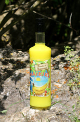 Waikiki Batida de Banana in gelber Flasche mit tropischem Etikett auf Felsen in der Natur