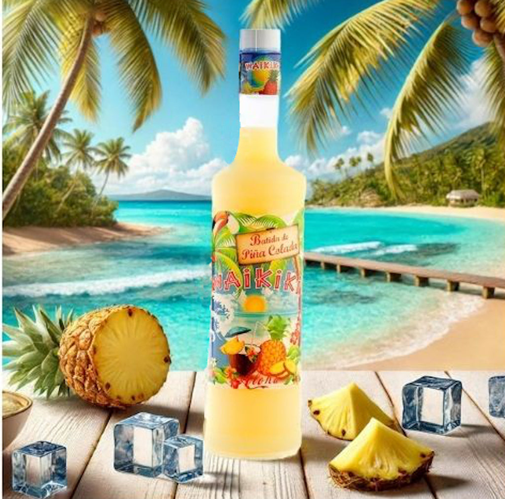 Flasche Batida de Piña Colada Waikiki auf einem Tisch vor einer tropischen Strandkulisse mit Palmen, blauem Meer und weißem Sand. Um die Flasche herum sind frische Ananasstücke, eine halbe Ananas und Eiswürfel dekoriert.