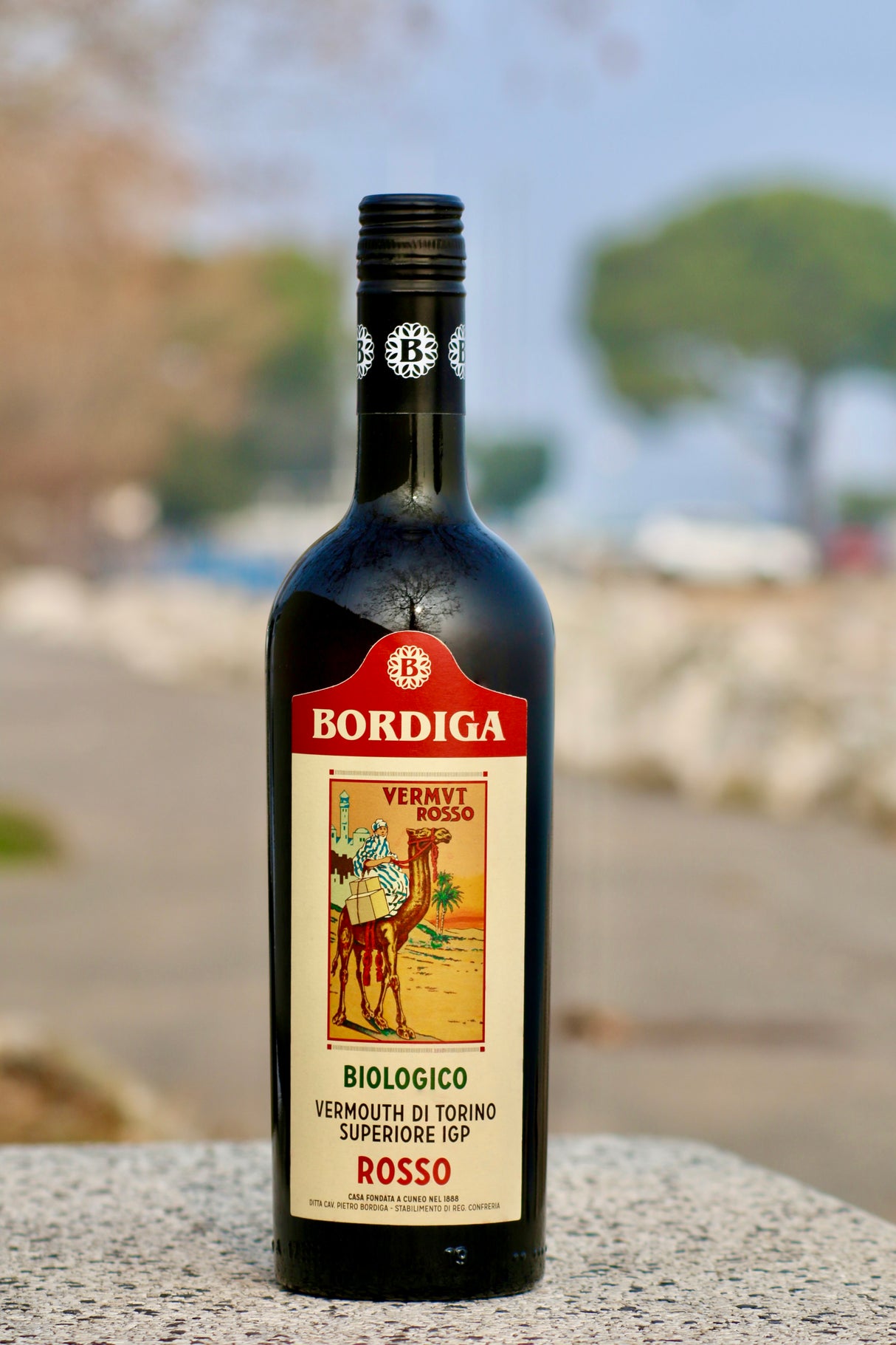 Flasche Bio-Vermouth di Torino Rosso von Bordiga auf einem Steintisch, im Hintergrund ein unscharfer Blick auf den See und Bäume.