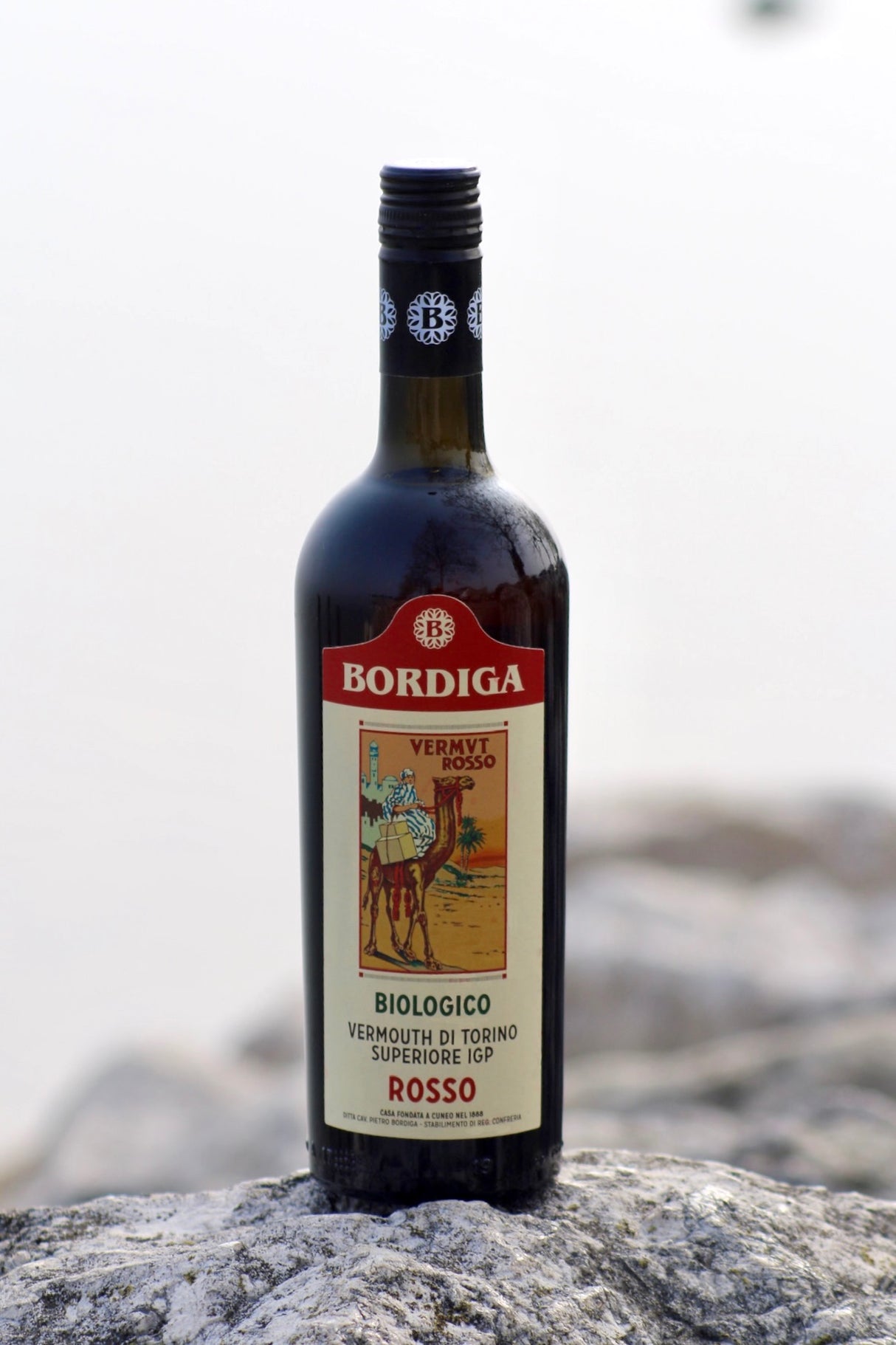 Flasche Bio-Vermouth di Torino Rosso von Bordiga auf einem Felsen vor neutralem Hintergrund.