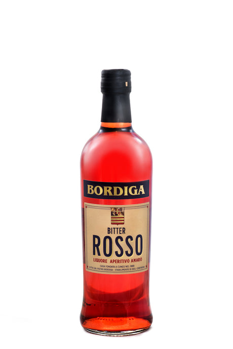 Flasche Bordiga Bitter Rosso, ein rotfarbiger Aperitif Amaro, mit schlichtem Etikett, das den traditionellen Charakter der Marke betont.