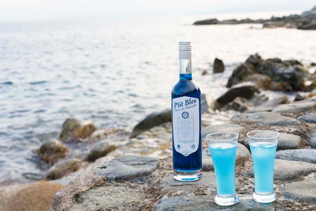 Flasche P'tit Bleu Pastis de Marseille und zwei Gläser mit blauem Getränk am Meer auf Felsen platziert.