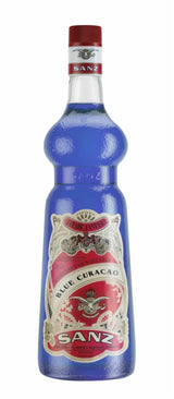 Flasche Sanz Blue Curacao Sirup mit rotem Etikett und rotem Verschluss, 1 Liter.