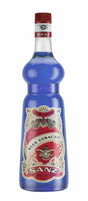 Flasche Sanz Blue Curacao Sirup mit rotem Etikett und rotem Verschluss, 1 Liter.