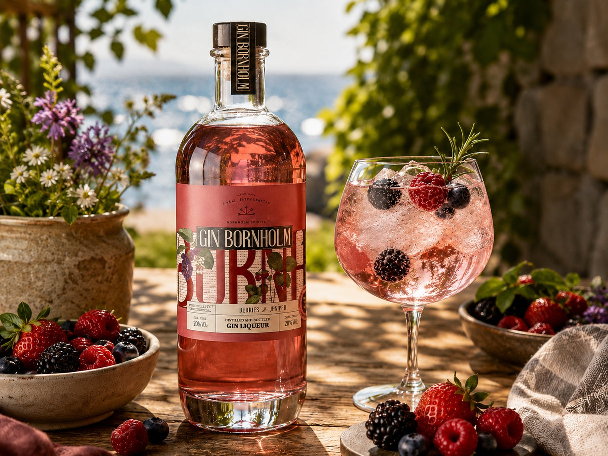 Gin Bornholm Berries Flasche neben rosa Gin Tonic mit Beeren auf Holztisch vor Meerblick