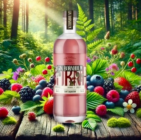 Flasche Bornholm Gin Berries auf einem Holztisch, umgeben von frischen Waldbeeren und grünen Blättern, im Hintergrund ein sonniger Wald.