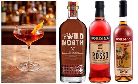 Boulevardier Cocktail-Set mit Rye Whiskey The Wild North, Bitter Rosso Bordiga, Vermouth Rosso Bordiga und Boulevardier Cocktail im Glas.