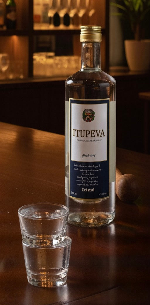 Flasche Cachaça Itupeva Cristal mit zwei kleinen Gläsern auf Bartresen in warm beleuchteter Bar