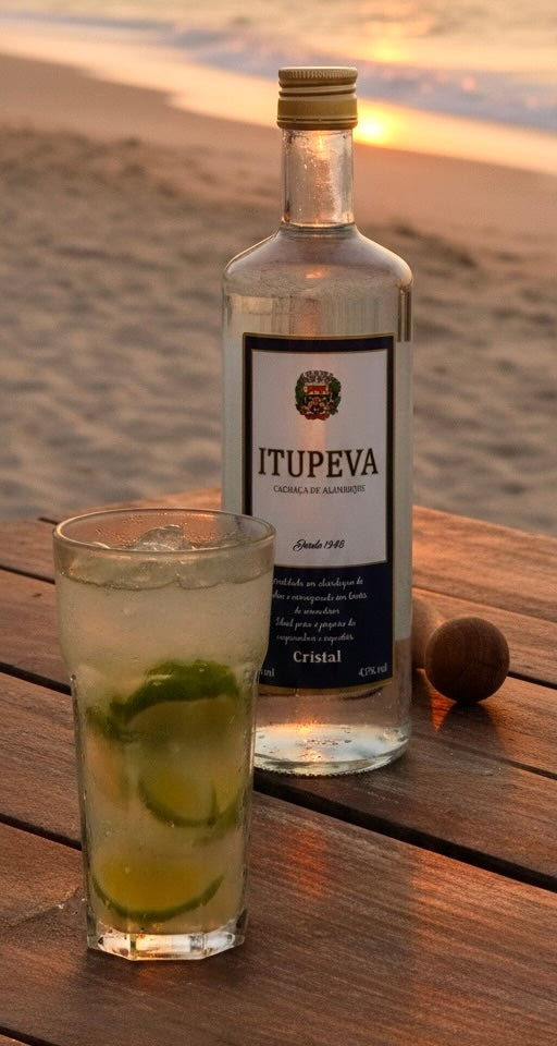 lasche Cachaça Itupeva Cristal und Glas Caipirinha auf Holztisch am Strand bei Sonnenuntergang