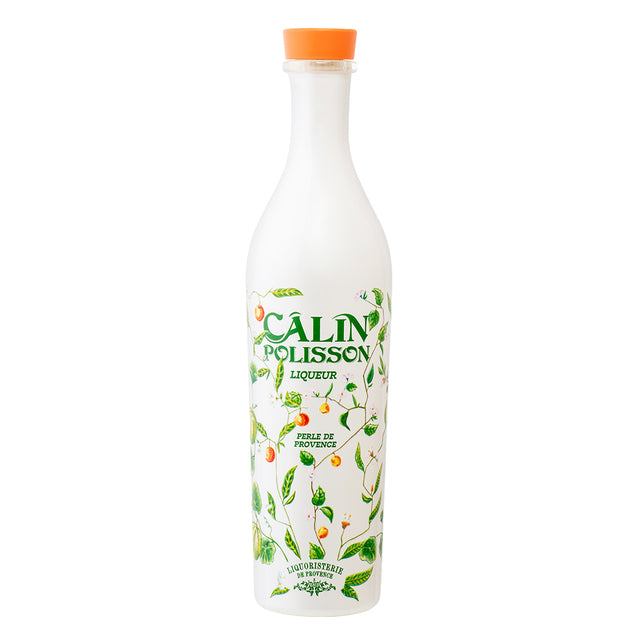 Weiße Flasche Câlin Polisson Likör mit grünem Logo, floralen Illustrationen und orangefarbenem Verschluss, 0,5l.