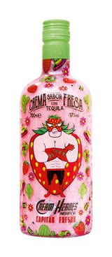 Flasche Capitan Freson, 700 ml, Erdbeercreme-Likör mit Tequila, 17% Vol., buntes Etikett mit Wrestling-Motiv und grünem Verschluss