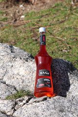 Sanz Chilisirup, 70cl Flasche, auf einem Felsen liegend, mit grünem Gras im Hintergrund.