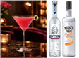 Cosmopolitan Cocktail-Set mit Hanza Grain Vodka und Triple Sec Charly's neben fertigem Cosmopolitan im Martini Glas