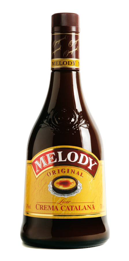 Flasche Melody Crema Catalana Likör mit gelbem Etikett, 0,7 Liter, katalanischer Sahnelikör inspiriert vom traditionellen Dessert.