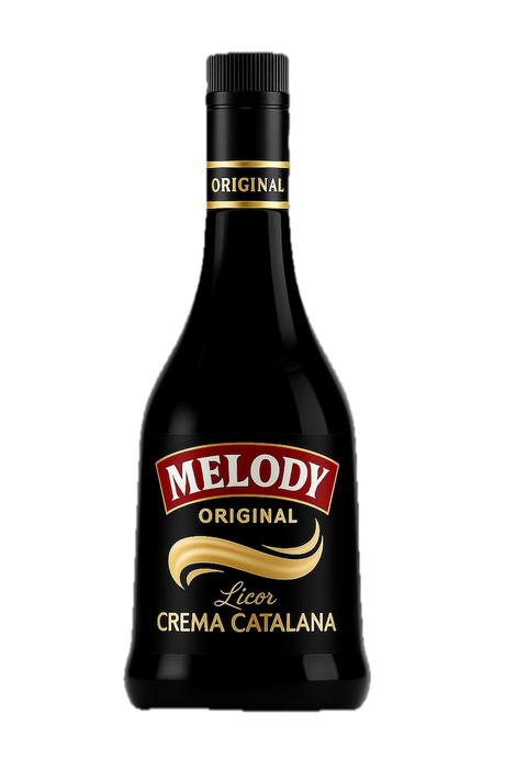 Crema Catalana Likör Melody Original in schwarzer Flasche mit rotem Etikett und goldener Schrift