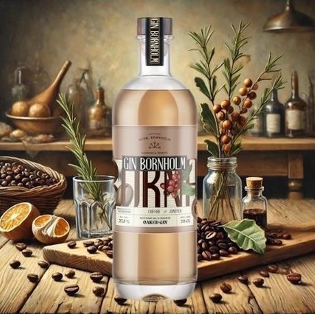 Flasche Bornholm Gin Oaked Coffee auf Holztisch mit Kaffeebohnen, Orangenscheiben und Wacholderzweigen in rustikalem Ambiente.