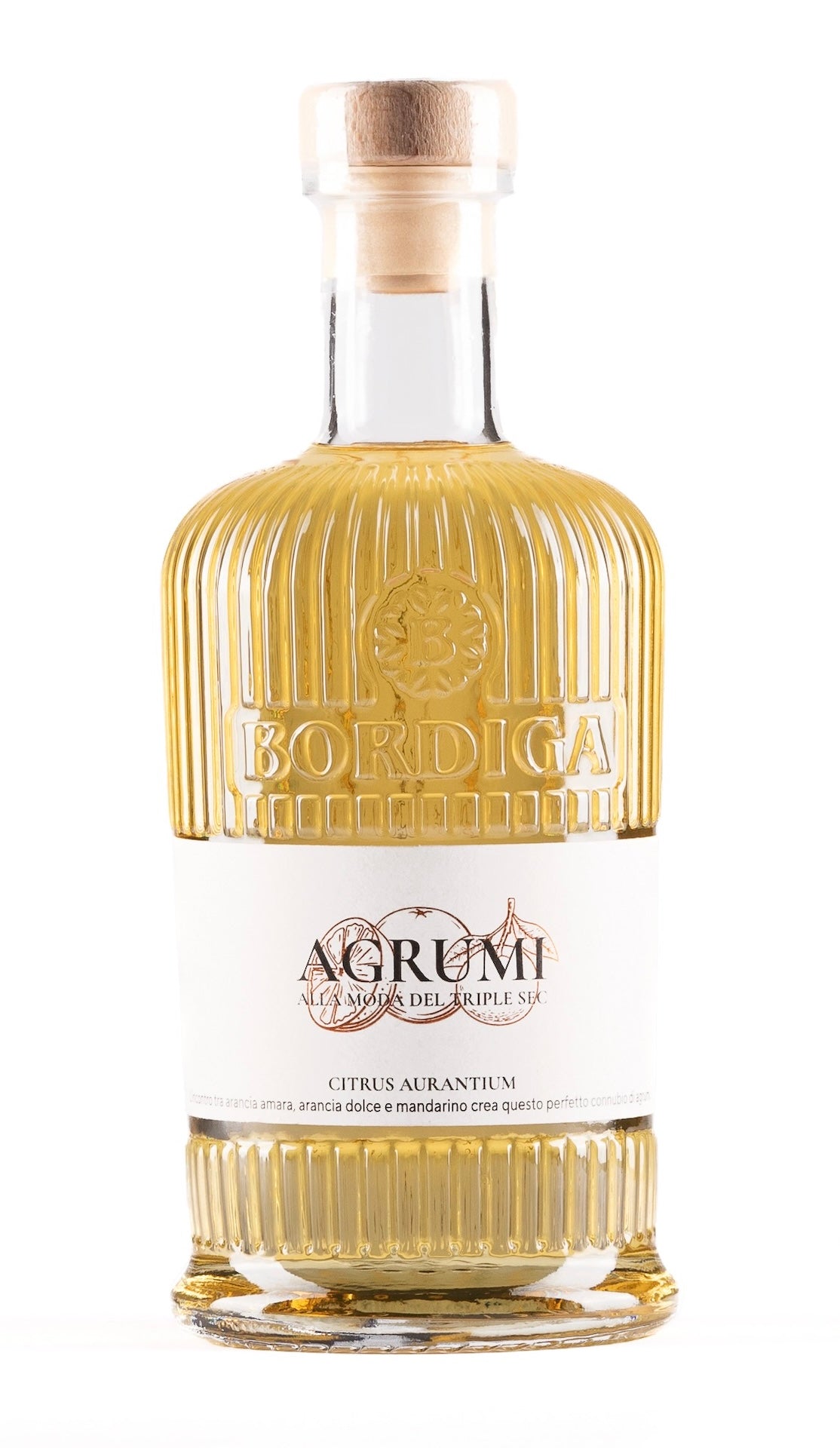 Bordiga Elisir Agrumi Zitrus Likör Flasche mit gelbem Inhalt und weißem Etikett vor hellem Hintergrund