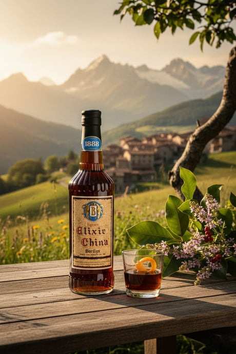 Flasche Elixir China Bordiga und Glas mit Orangenzeste auf Holztisch vor Alpenlandschaft
