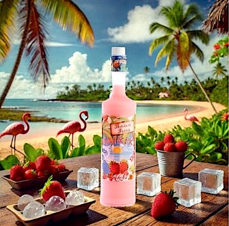 Flasche des Erdbeerlikörs Batida de Fresa Waikiki auf einem Holztisch, umgeben von Eiswürfeln und frischen Erdbeeren, im Hintergrund eine tropische Küstenlandschaft mit Palmen, Flamingos und einem sonnigen Strand.