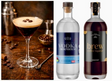 Espresso Martini im Martini-Glas neben Bio Vodka Bornholm und Brew Kaffeelikör, dargestellt als Cocktail-Set auf neutralem Hintergrund.