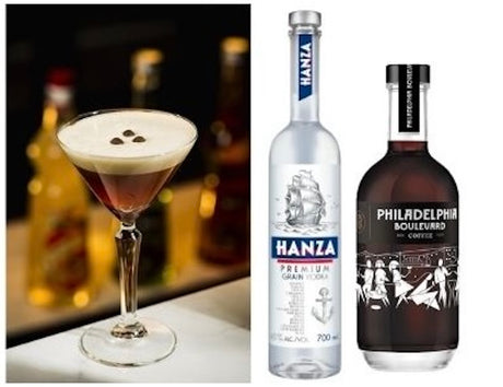 Espresso Martini Cocktail-Set mit Hanza Vodka, Philadelphia Boulevard Kaffeelikör und fertigem Cocktail.