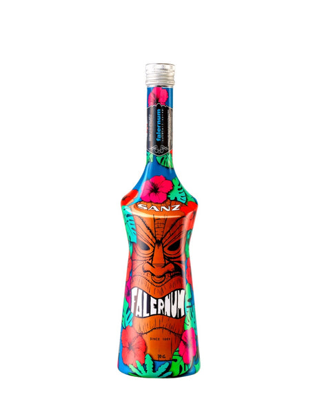 Falernum Sirup Flasche von Sanz mit farbenfrohem Tiki-Muster und Blumenmotiven, 70 cl.